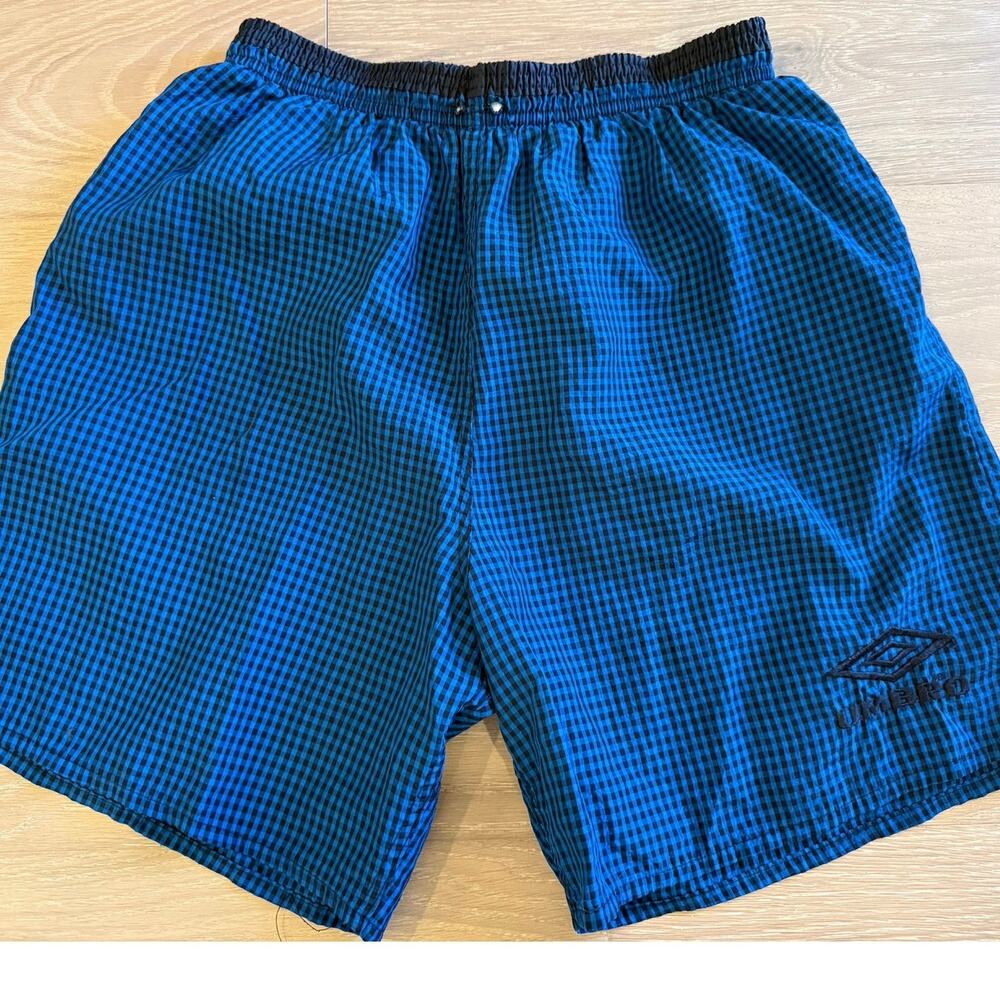 Vintage Umbro Boys Swim Trunks Blue Black Checkered Youth Size XL Linerless